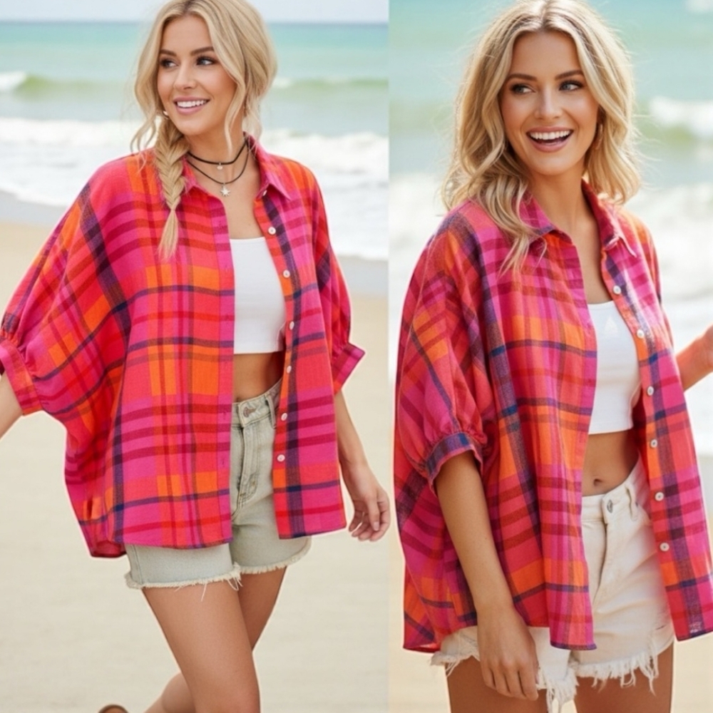 NWT BiBi Button Up Dolman Sleeve Fuchsia Plaid Plaid Shirt XL - Picture 2 of 6